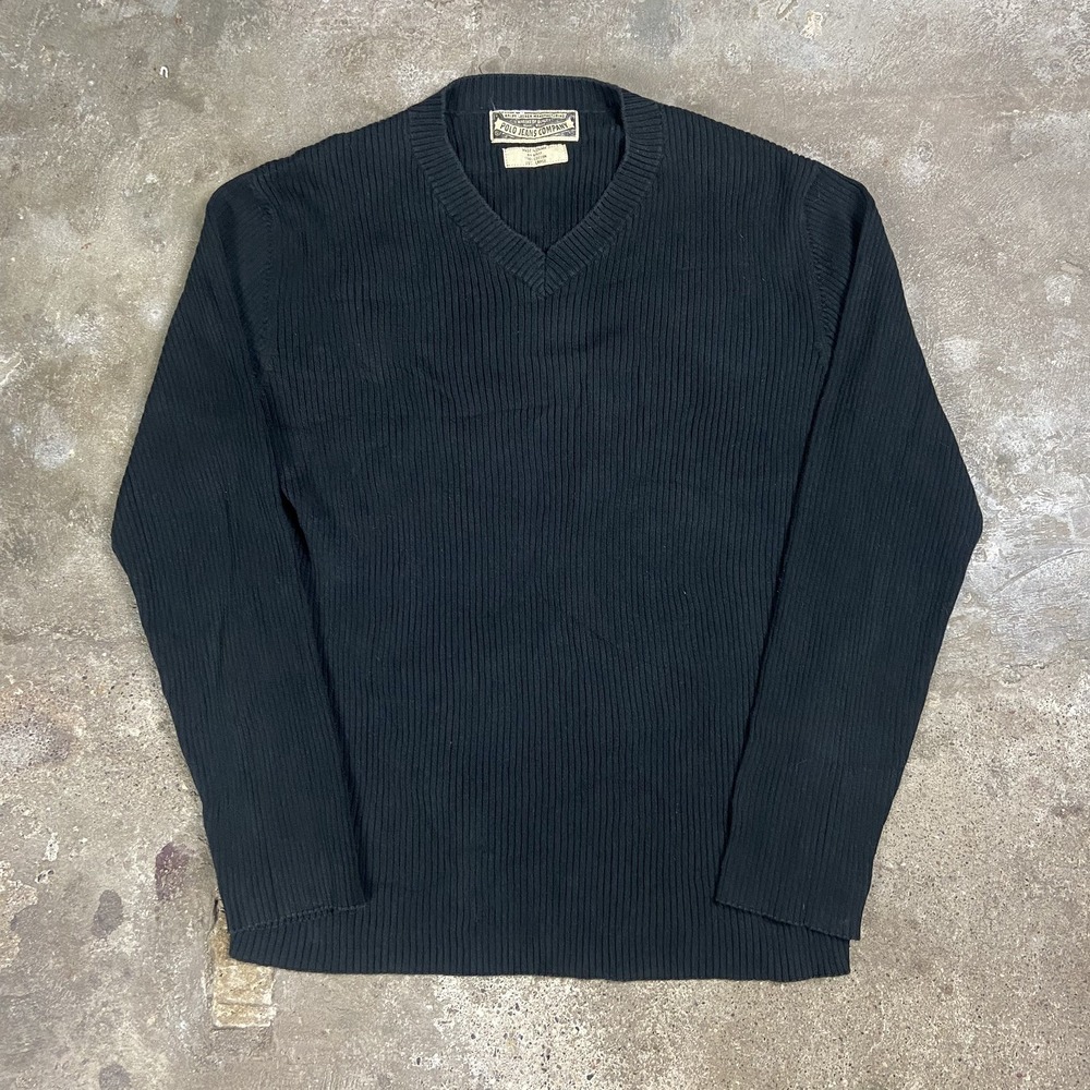 Vintage 90s Polo Jeans Co V-Neck Sweater Size Large Black Fleece Ribbed Pullover